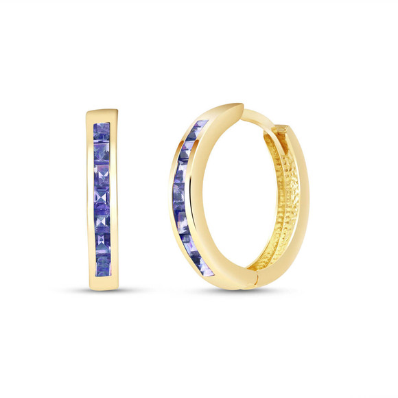 Galaxy Gold Products Jewelry - 14K. SOLID GOLD HOOP HUGGIE EARRING WITH TANZANITES (Yellow Gold)
